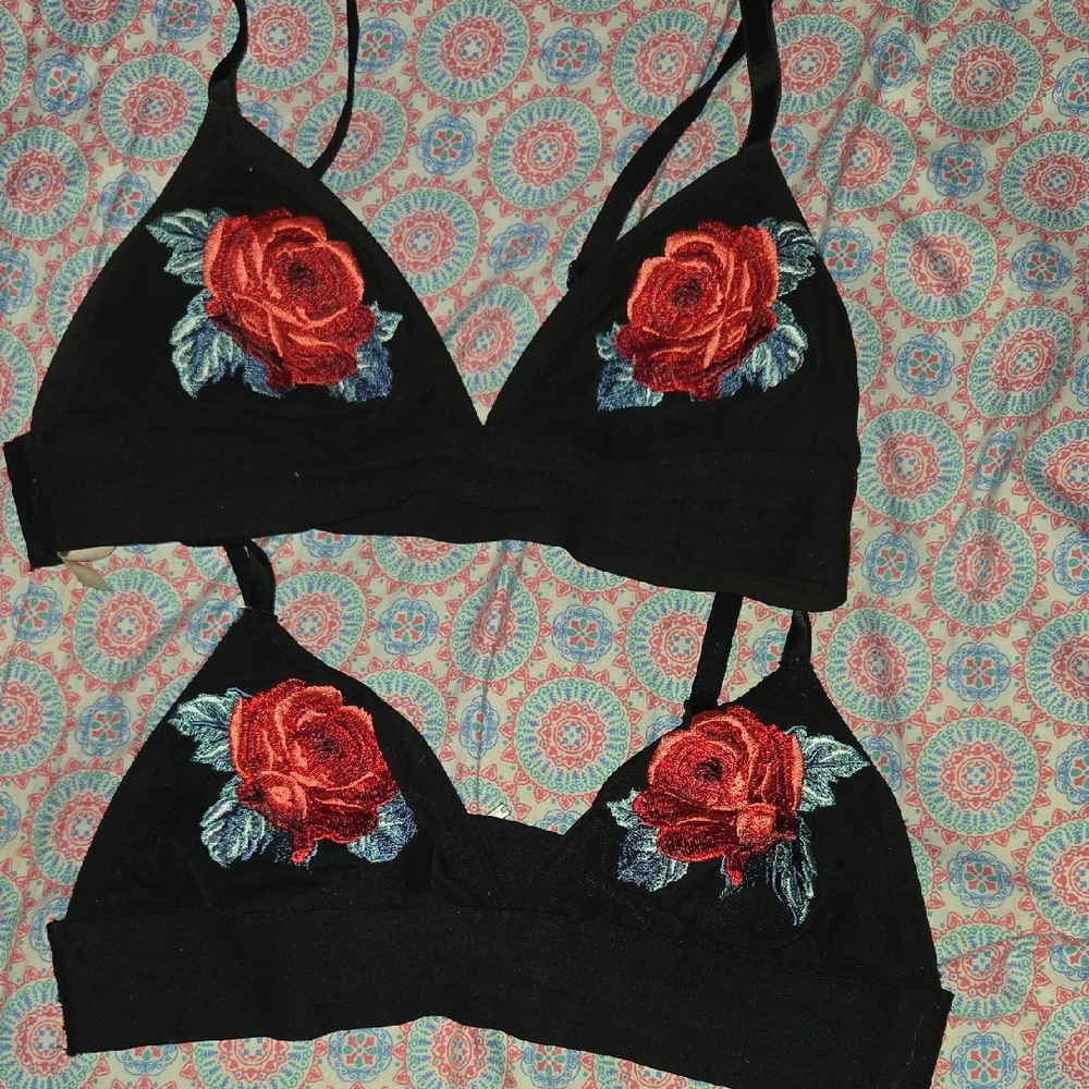 Victoria Secret Pink Embroidered Black Bralette Set with Red Rose Design